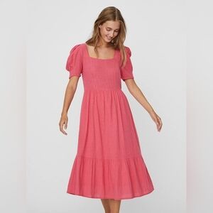 Vero Moda Pink Midi Dress with Puff Sleeves
